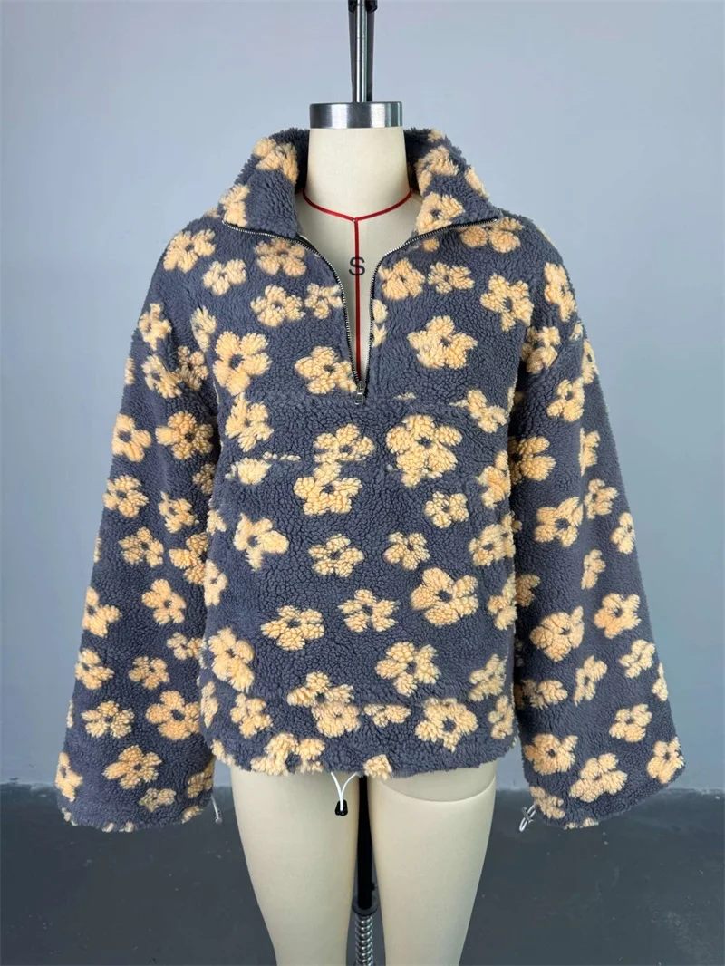 Autumn Women Jacket Imitation Lamb Wool Flower Print Sweatshirt Winter Warm Loose Zipper Long Sleeved Top Casual Daily Coat