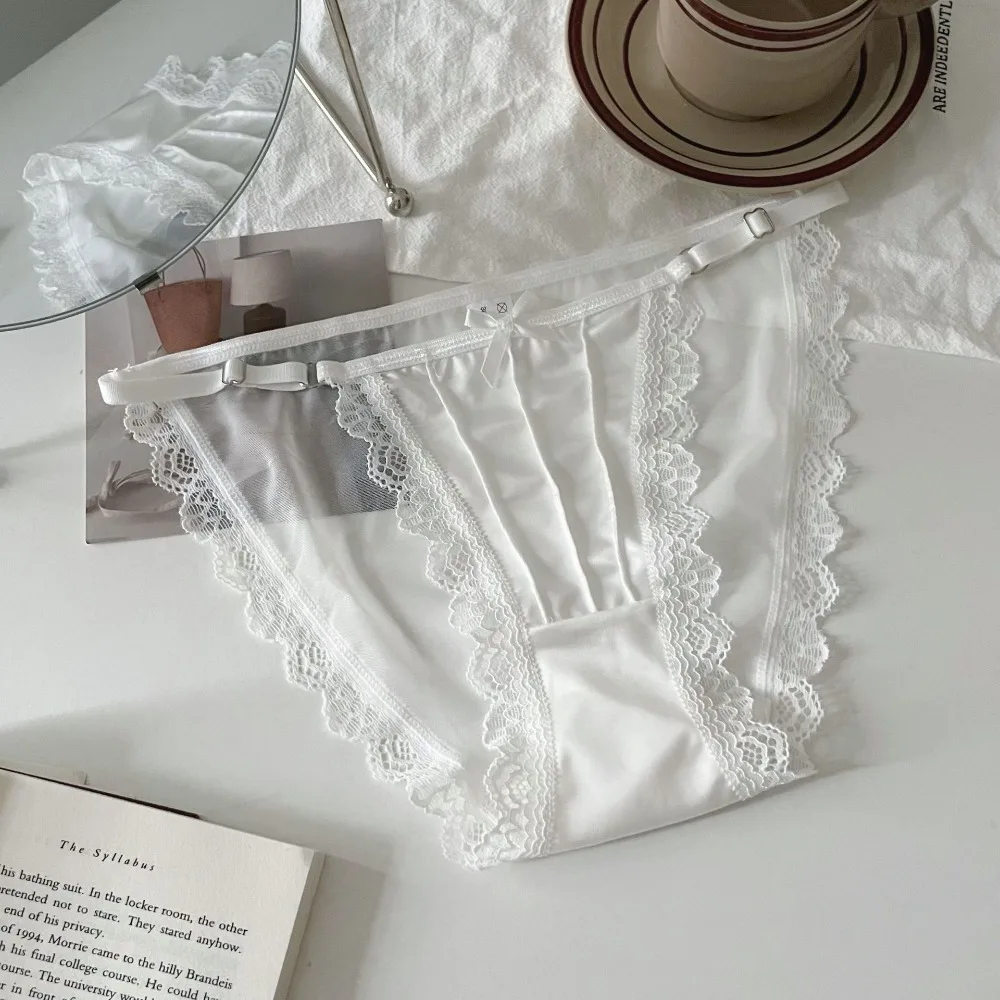 Breathable Low Waist Lace Panties Transparent Lingerie Mesh Briefs Satin Silk Bow Lace Thin Underwear Female