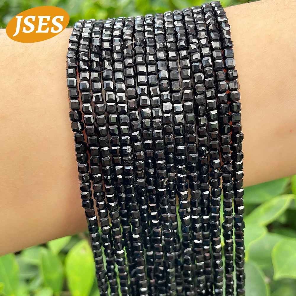 JSES Natural Black Tourmaline Cube Faceted 2/3mm Loose Gemstone Small Seed Beads for Jewelry Making DIY Bracelet Necklace Charms