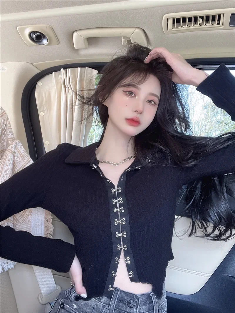 Korean Style Lapel Black T-shirt Women's Spring Long-sleeved Irregular Cardigan T-Shirt Slim Open Front Button Up Cropped Top