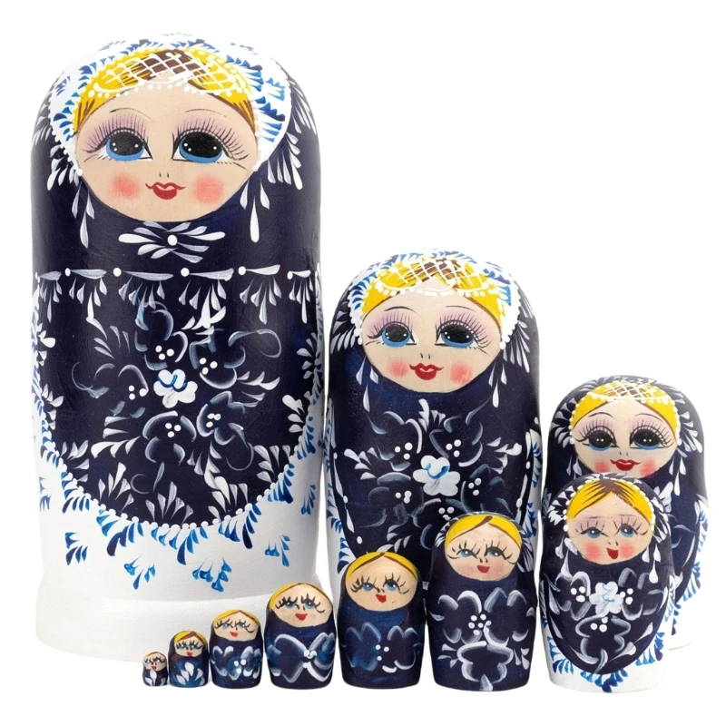 

10Pcs Russian Nesting Dolls Handcraft Matryoshka Classical Collectible Babushka Figurine Dolls Kids Stacking Toy