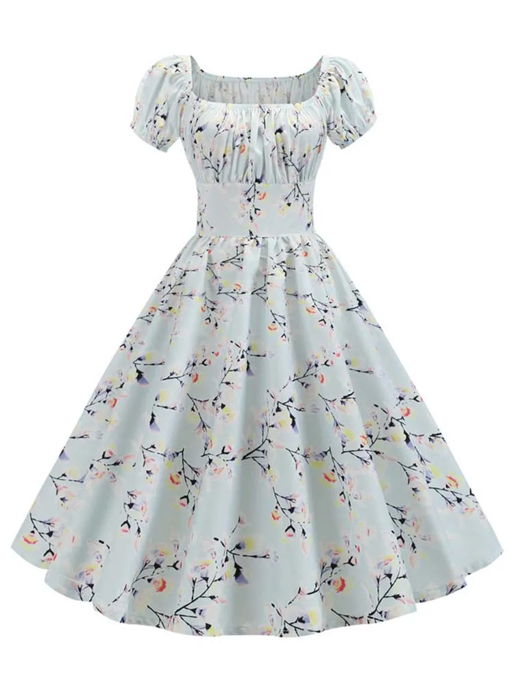 Vestido Midi Vintage con estampado Floral para mujer, traje elegante abullonada de manga, corte en A, para fiesta, Rockabilly, Pinup, Verano