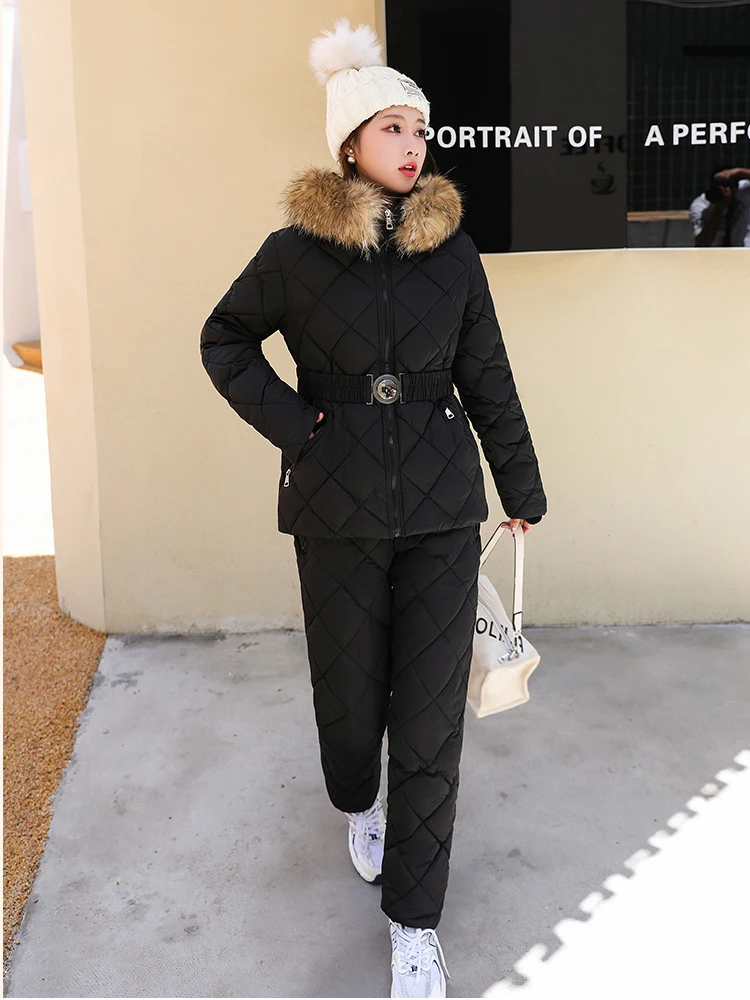 Winter Faux Fur Collar Hood Parkas Coats 2 Piece Sets Thicken Slim Jackets Suits Super High Waist Down Cotton Pants Warm Outfits