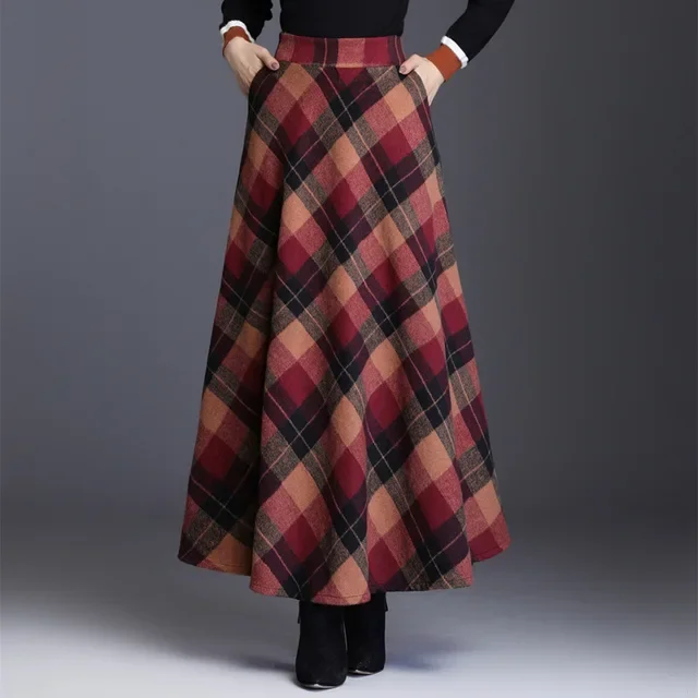 Damesmode Lente Herfst Winter Retro Plaid Elegante Wollen A-lijn Rok Middellange Hoge Taille Dames Lange Rok