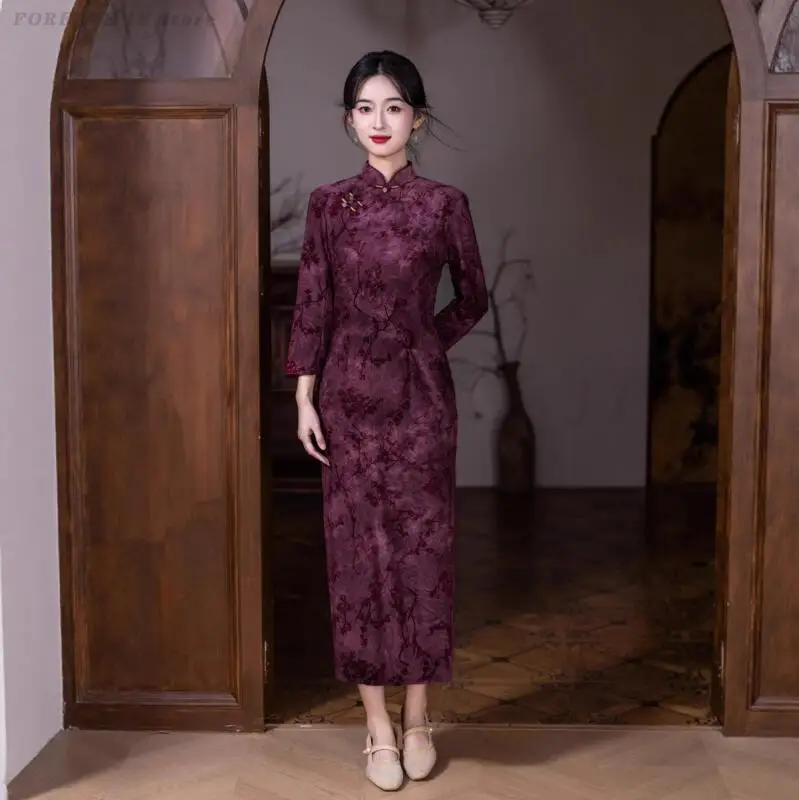 حجم كبير 4XL شيونغسام خمر زهرة مطبوعة الصينية التقليدية فستان الخريف الشتاء جديد تشيباو الشرقية مساء ثوب الحزب