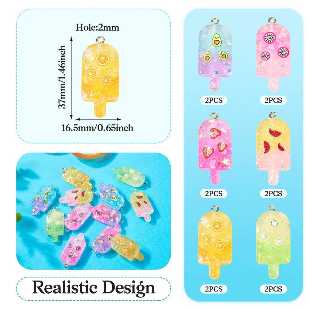 12Pcs Cute Imitation Ice Cream Resin Pendants Mini Fruit Popsicle Charms For Earring Keychain DIY Handmade Jewelry Making