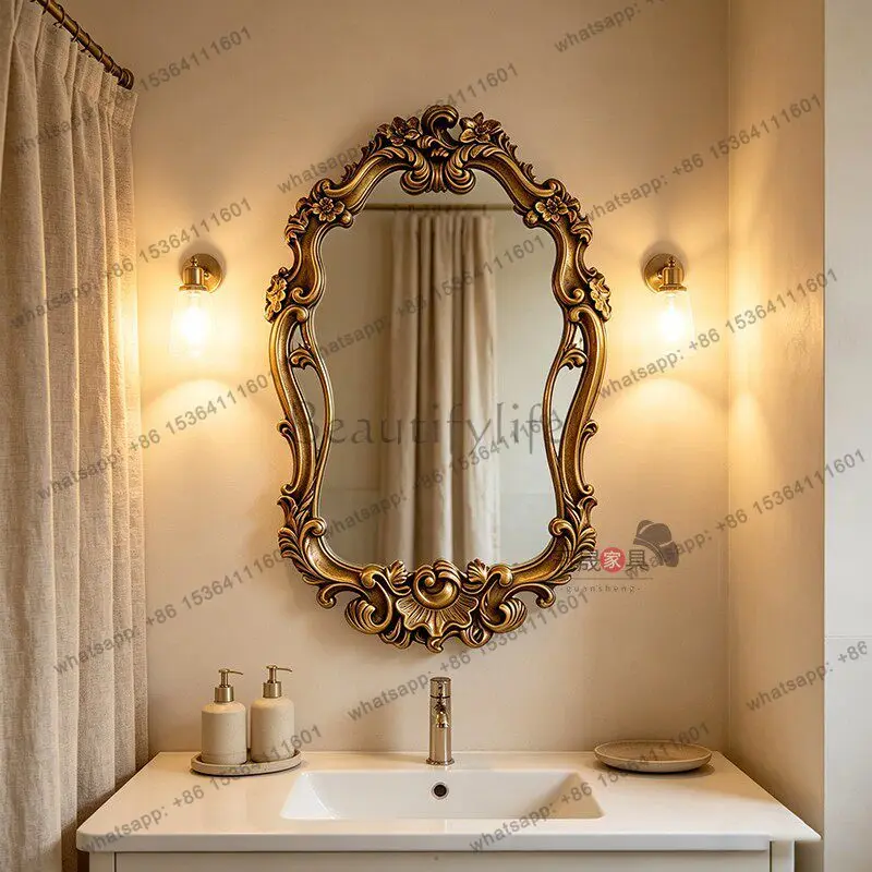 YJ Retro Carved Wall Mounted Bathroom Mirror French Decorative Mirror for Entryway Fireplace Villa Washroom Makeup Use