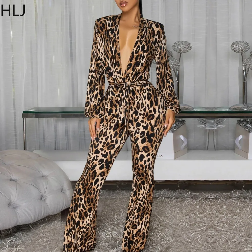 HLJ موضة ليوبارد طباعة Bodycon حللا امرأة العميق الخامس الرقبة طويلة الأكمام ضمادة المرقعة السروال القصير الإناث الشارع الشهير وزرة