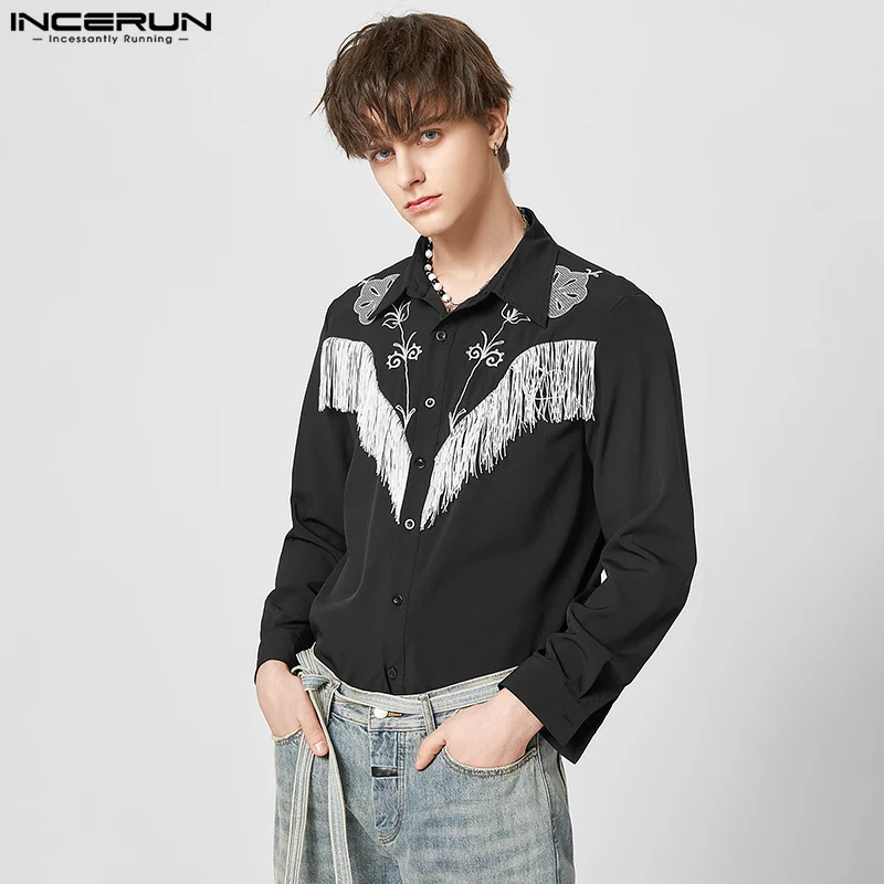 INCERUN 2024 Men Shirt Embroidered Tassel Patchwork Lapel Long Sleeve Button Fashion Camisas Streetwear Casual Men Clothing 5XL