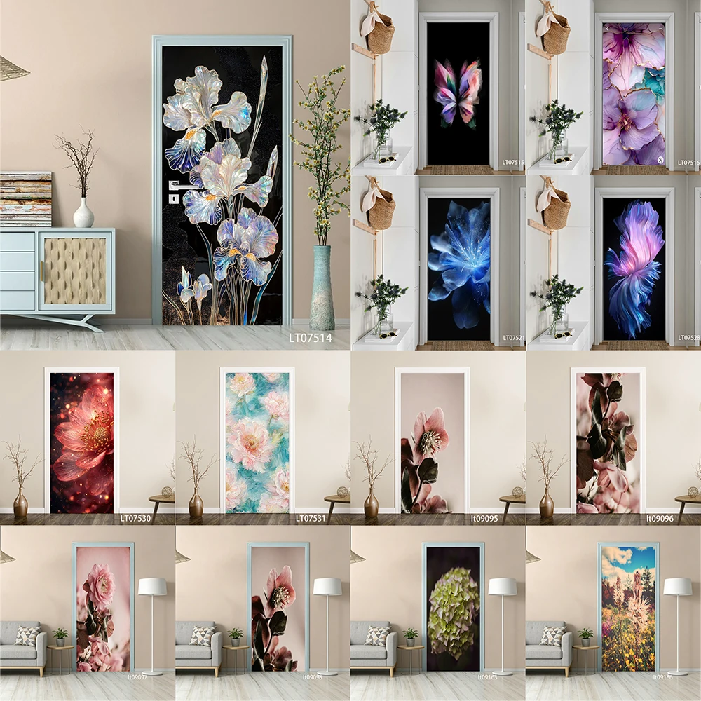 

Glowing Floral Door Sticker, Removable Peel and Stick Self Adhesive Wallpaper, Shimmer Flower Mural for Home Decor