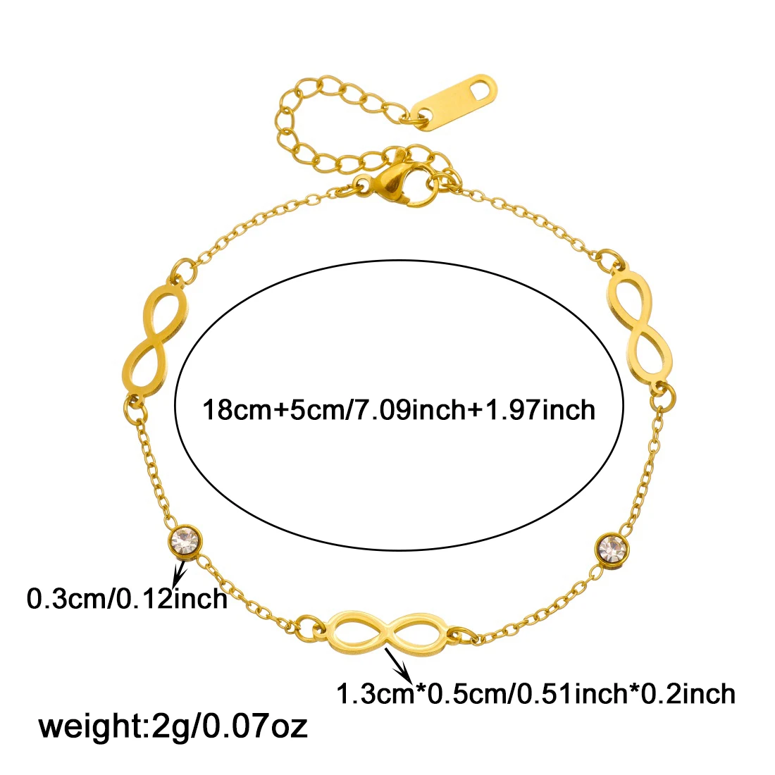 DIEYURO 316L Stainless Steel Golden Infinite Symbol Number Eight Round Zircon Bracelet Lady Trend Non-fading Hand Chain Jewelry