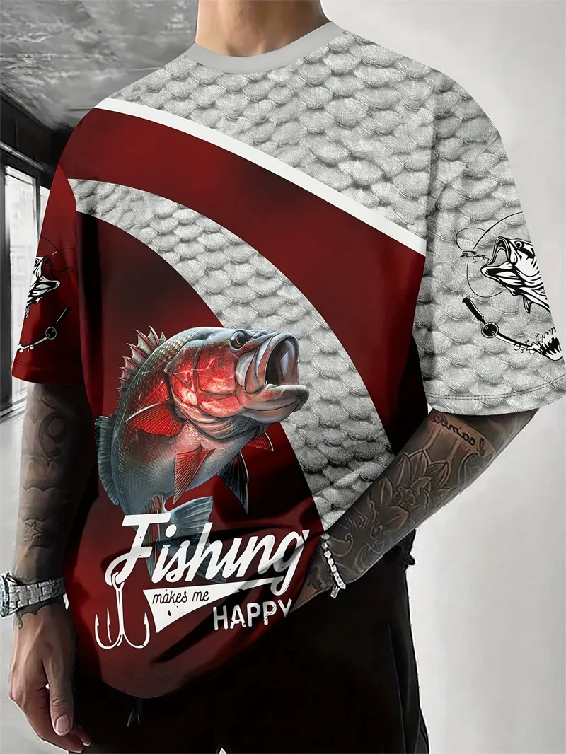 Mens Red Bass Fish Scale Fishing Theme Print Short Sleeve T Shirt Casual O-Neck Tee for Fishing Enthusiast Daily Outdoor Outfit