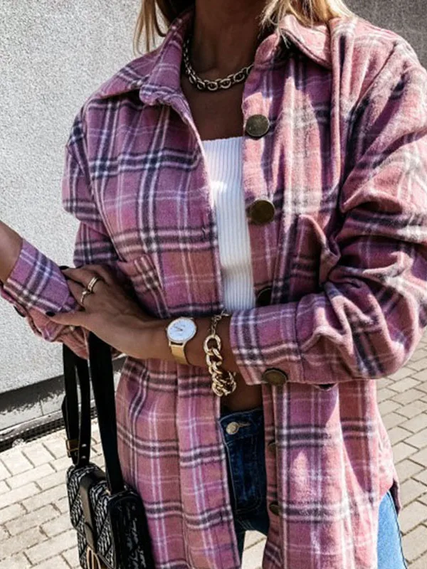 Loose Vintage Plaid Long Sve irt Street Sle Loose Fit Cheered Pattern Women's Spring Faion  Collar Button up