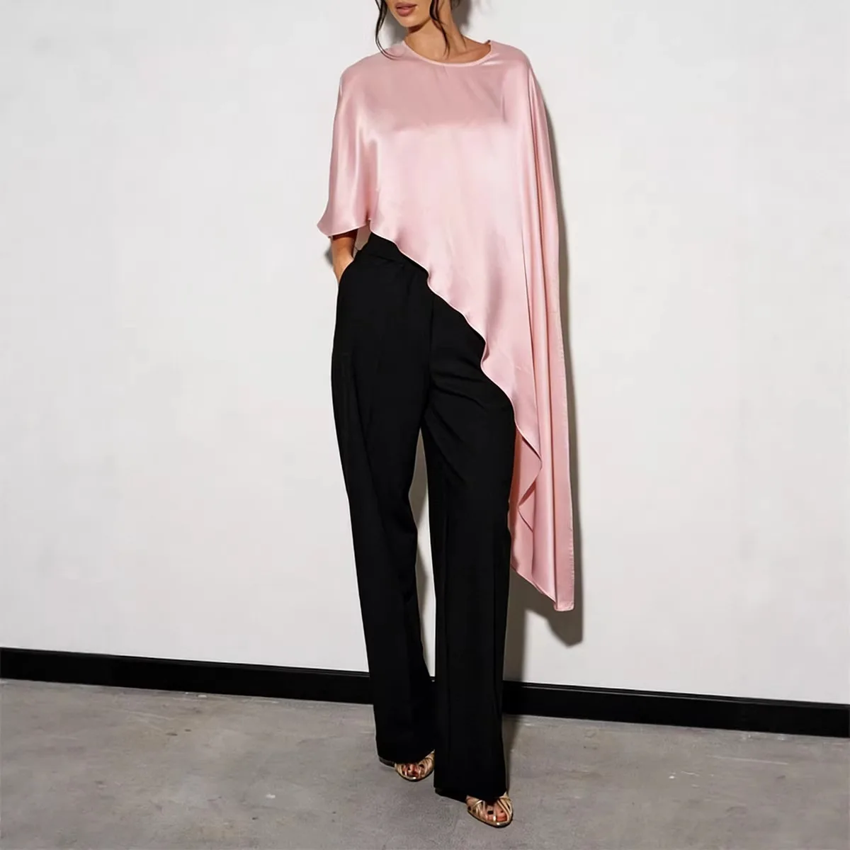 Women Satin Asymmetrical Hem Poncho Shawl Wraps Silky Round Neck Dressy Cape Top Flowy Loose Fit Cover Up Blouse Y2k Streetwear