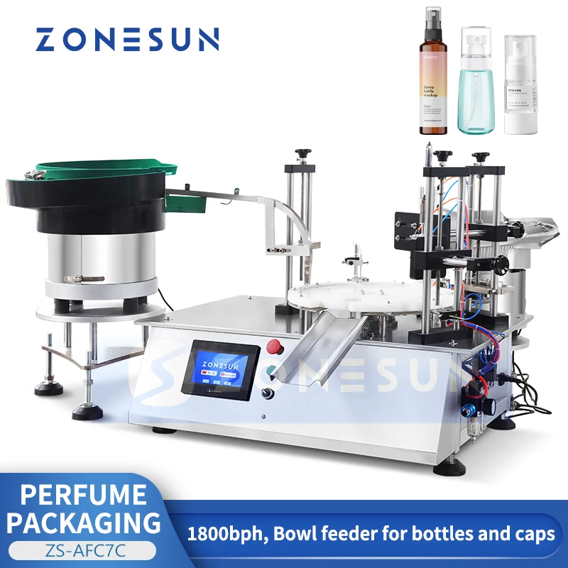 ZONESUN Perfume Filling Machine Servo Control Scent Fragrance Packaging with Monoblock Bowl Feeder Peristaltic Pump ZS-AFC7C