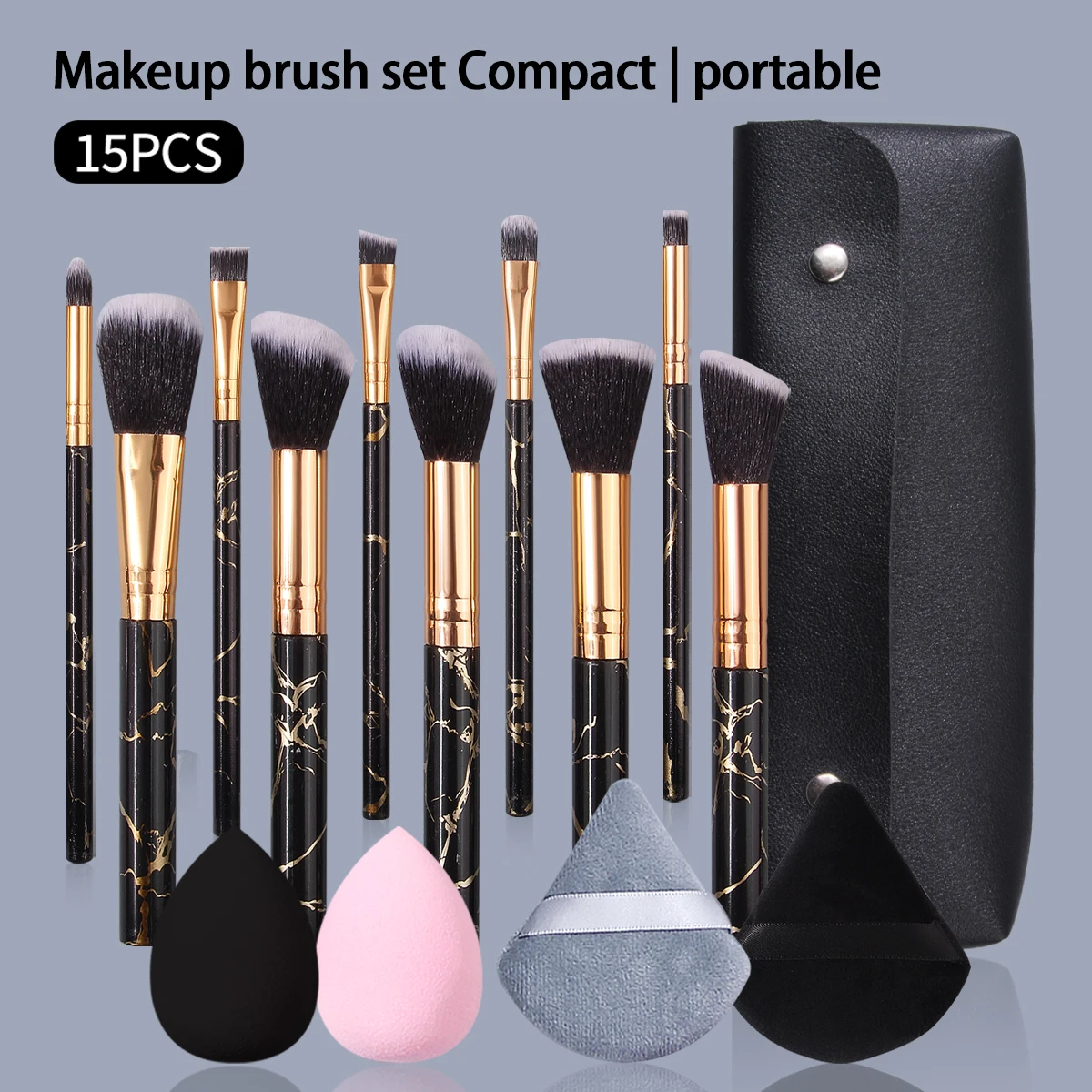 15PC Marble Makeup Brush Set with 4 Makeup Sponges & PU bag 10PCS Black Gold Marble Brushes Compact Portable Cosmetic Tools