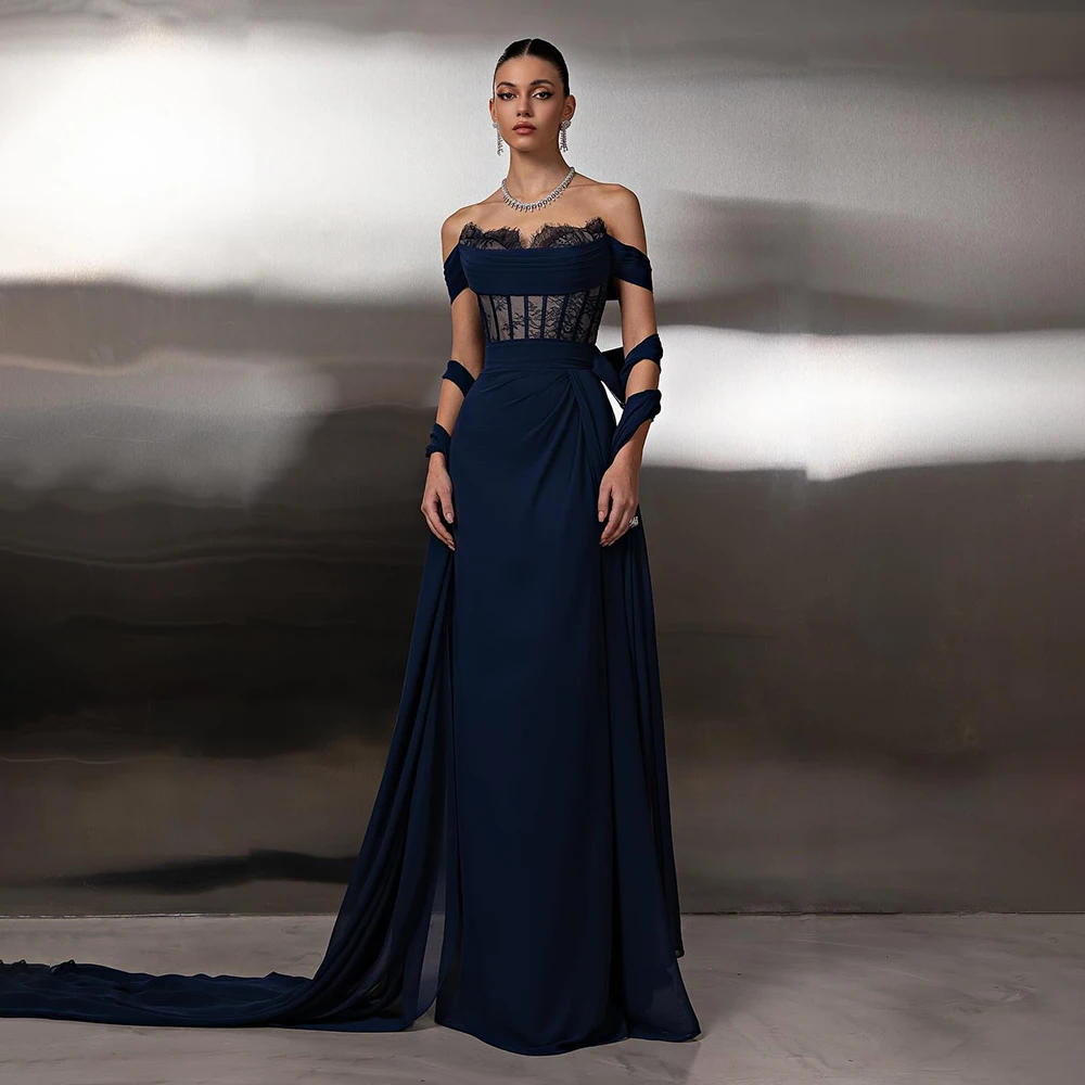 Custom Made Graceful Boat Colalr Pleated Sheath Formal Evening Party Gown Backless Lace Long Bridal Prom Dress with Sweep Cout