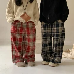 Girls Trousers 2024 Autumn Winter Korean Woolen Plaid Straight-leg Pants Boys and Girls Children Thickened Casual Wide-leg Plaid