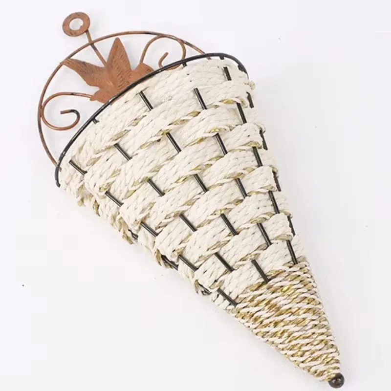 Rattan Cone Shaped Wall Hanging Flower Basket Triangular Iron Planter Indoor Decorative Space Saving Plant Holder