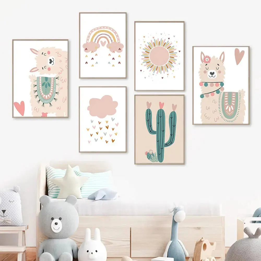 Pink Cloud Sun Poster Cactus Heart Alpaca Art Prints Rainbow Canvas Painting Nursery Print Nordic Wall Pictures Kids Room Dec
