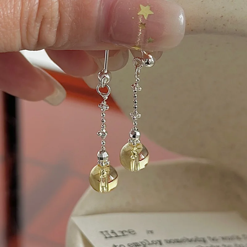

[Cciris.Com] S925 Silver Yellow Crystal Earrings Korean Vintage Minimalist Wholesale Dainty Jewelry for Women