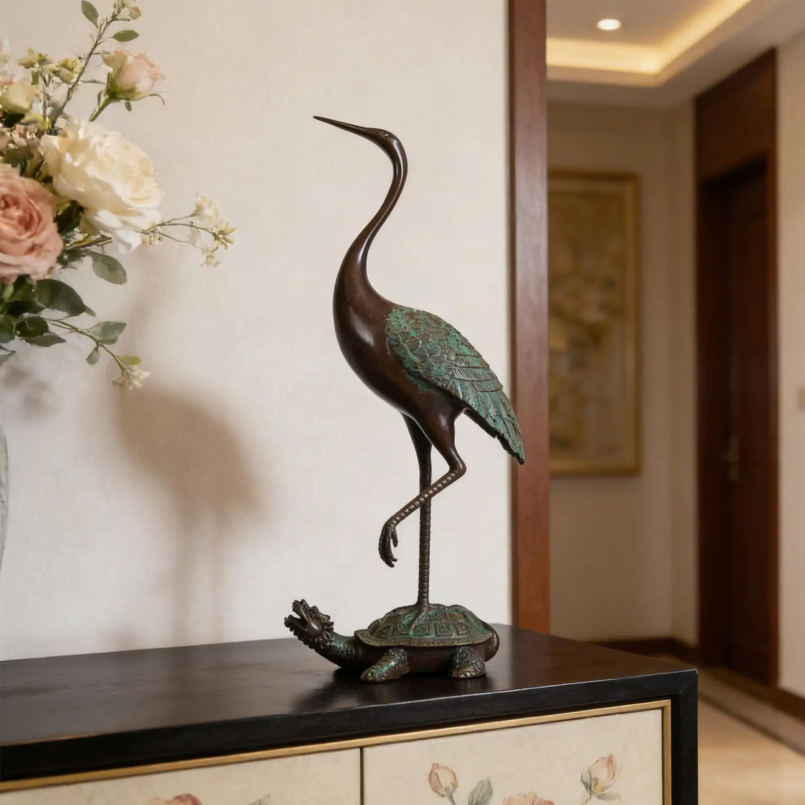 

Decorative Crane Figurine Antique Chinese Art Copper Sculpture for Desktop or Cabinet Turtle Decoration