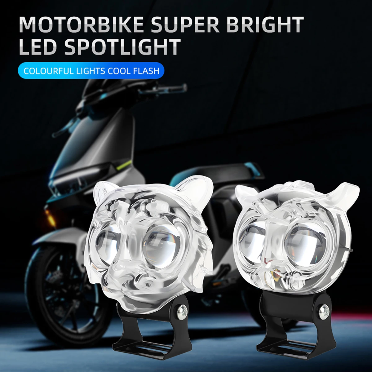 1/2PCS Motorcycle Transparent Owl Tiger Head LED Spotlights Dual Lens Flashing Colorful High Low Beam LED Headlights Fog Lamp