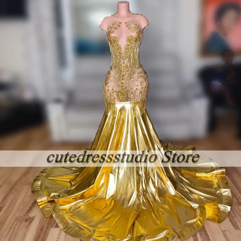 Vestidos De Graduación Gold Prom Dresses Black Girls 2025 Crystal Rhinestone Tassel Mermaid Party Gown Customized vestido fiesta