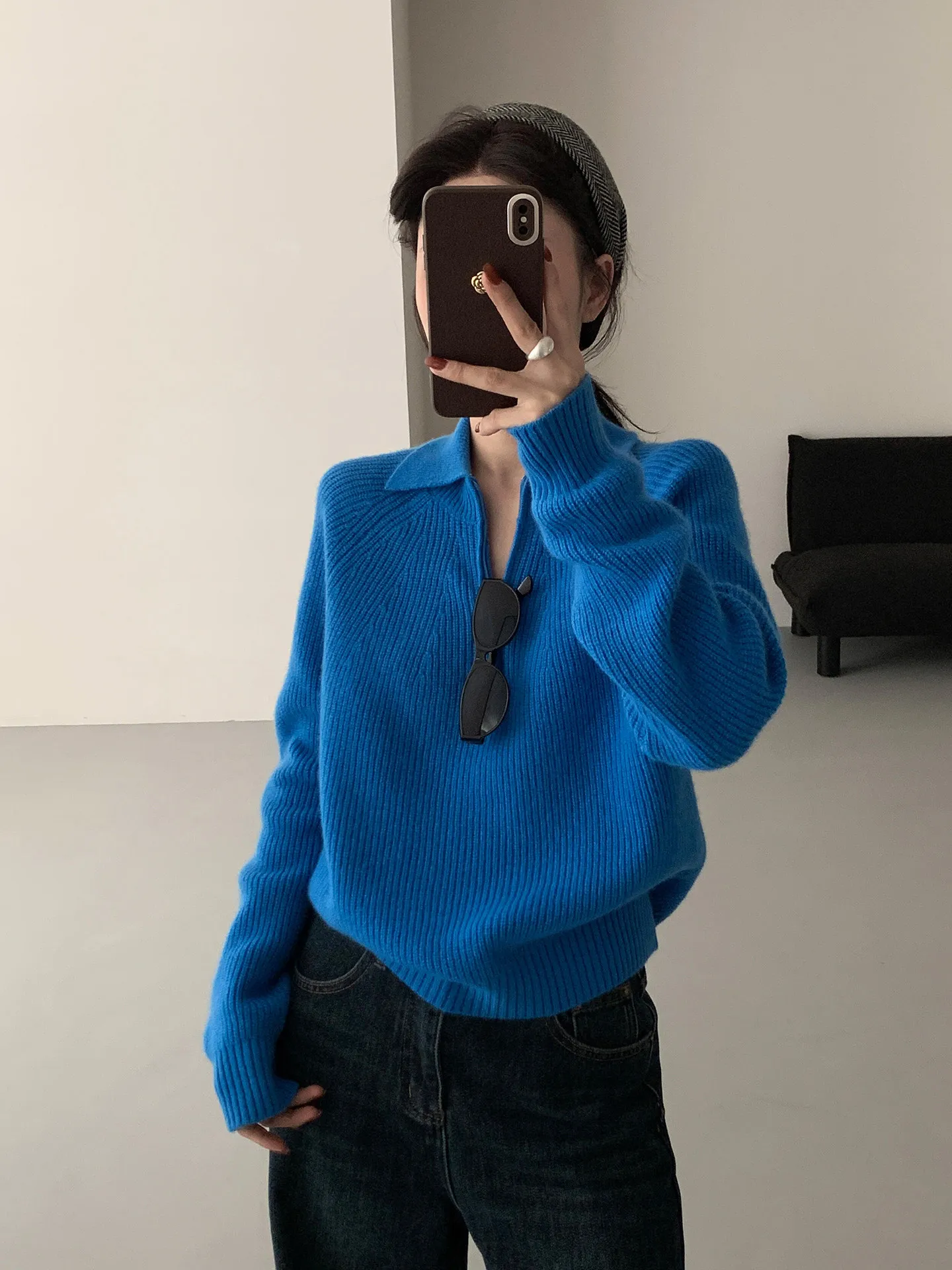 Lapel cashmere sweater women's autumn and winter high-quality temperament with bottoming sweater polo shirt top