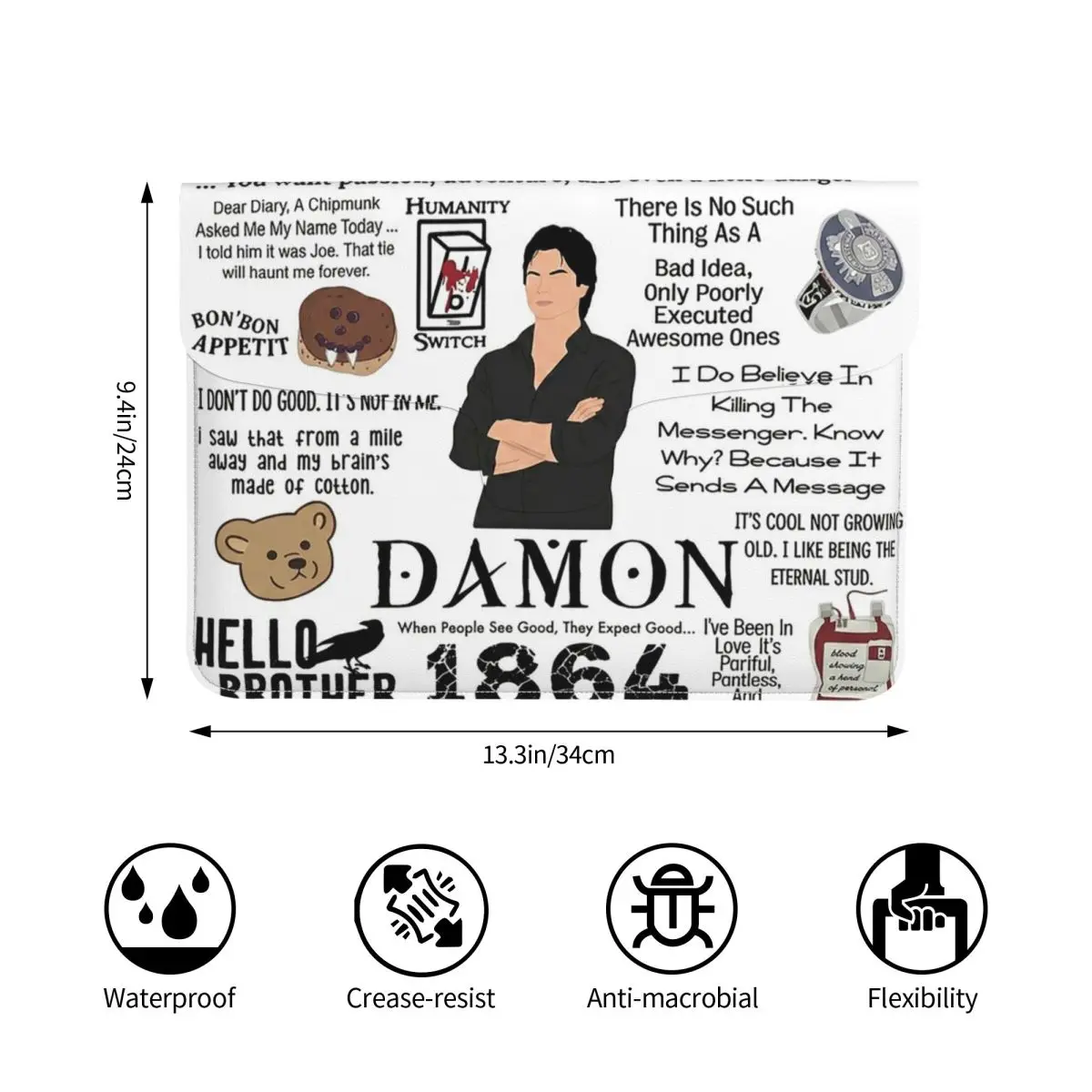 The Vampire Diaries Damon Salvatore TV Series PU Leather Horizontal Laptop Sleeve Shockproof Soft Lining Notebook Case 13 Inch