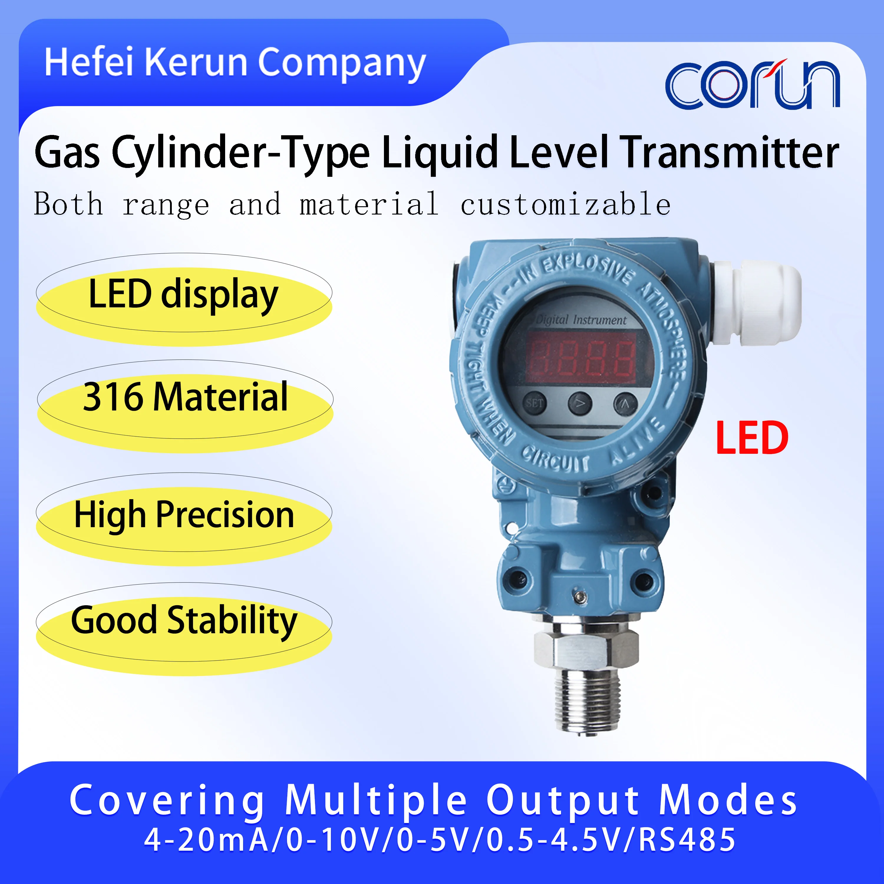 

2088 Digital Pressure Transmitter Diffused Silicon Sensor LED Display 4-20mA 0-5V 0-10V RS485 High Accuracy