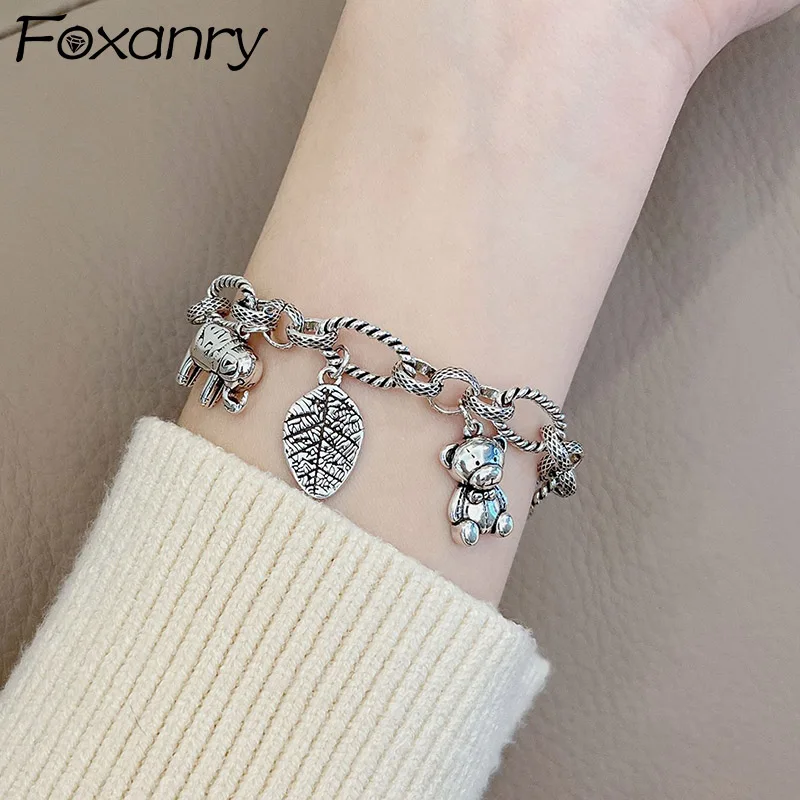 Foxanry Elephant Bear Pendant Bracelets For Women Girls Sweet Trendy Cute Vintage Personality Creative Daily Party Jewelry Gifts