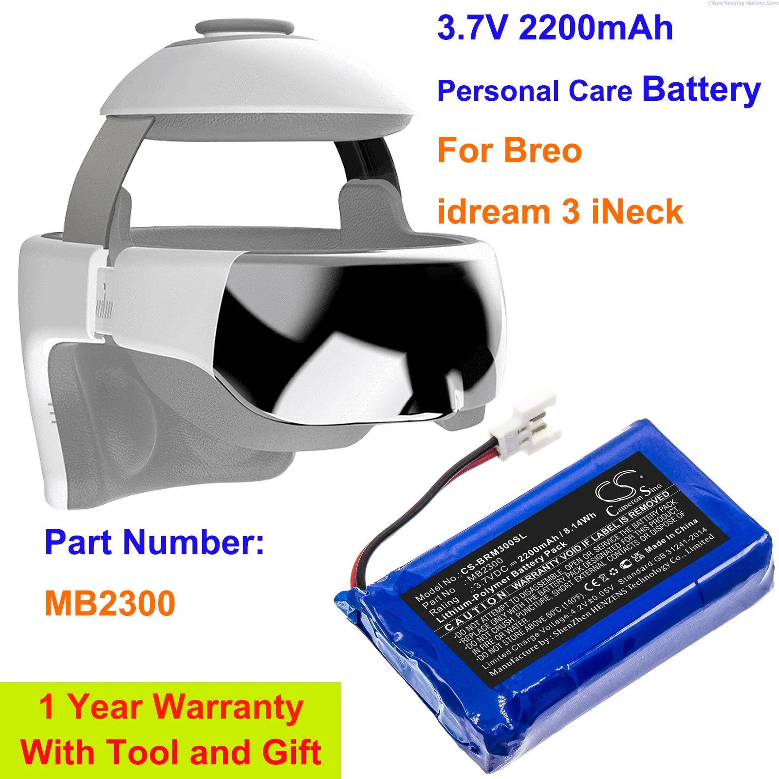 

Cameron Sino 3.7V 2200mAh Personal Care Battery MB2300 for Breo idream 3 iNeck +TOOL
