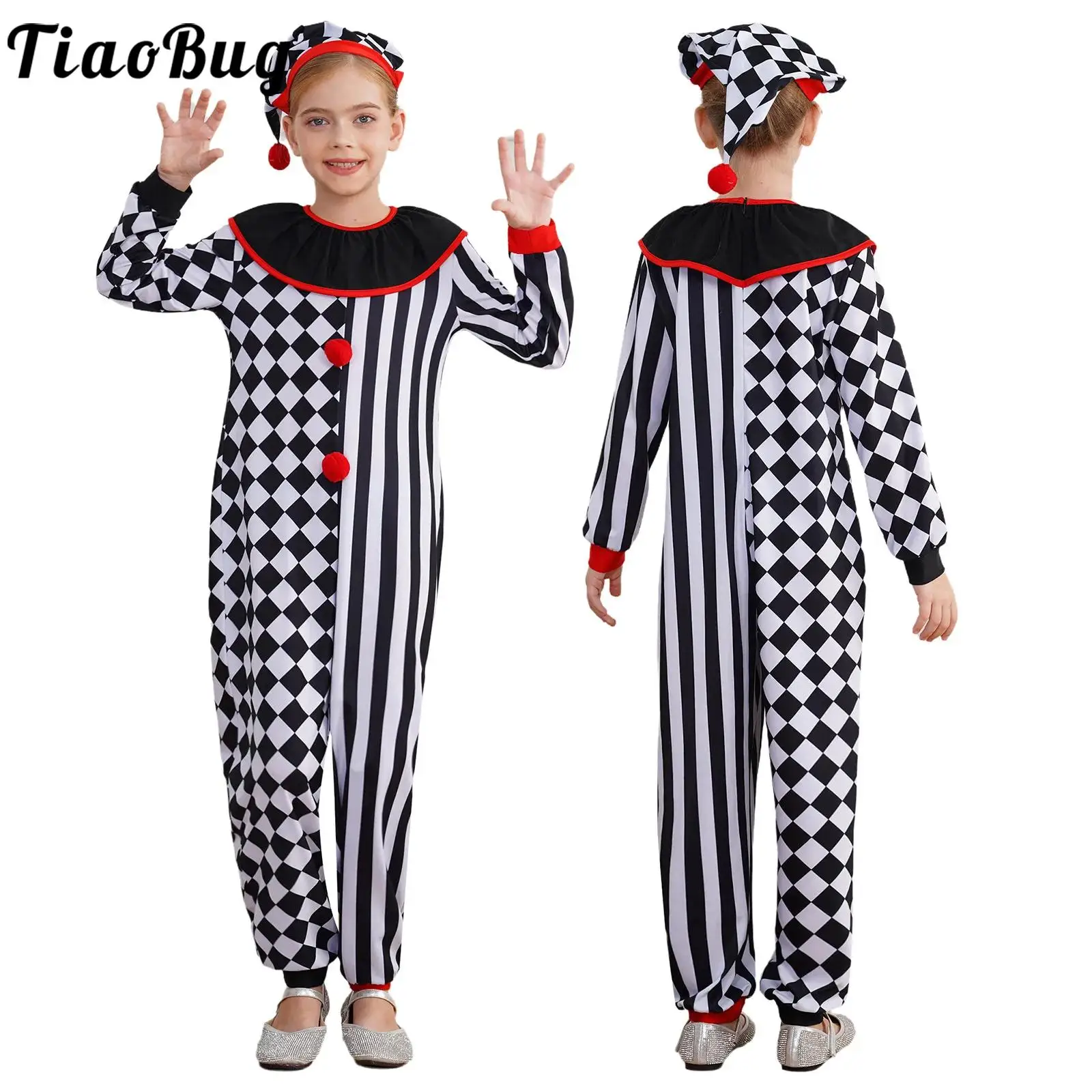 

Kids Halloween Clown Cosplay Jumpsuit Costume Poker Pattern Creepy Clown Dress Up Full Bodysuit Outfit for Party Performance