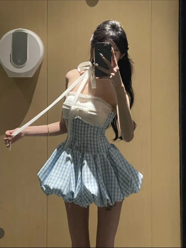 Korea Stil Kawaii Retro Plaid Frauen Kleid Mode Party Sexy Liebsten Knospe Kleid Sommer Vintage Y2K Sinn Für Design Mini Kleid neue