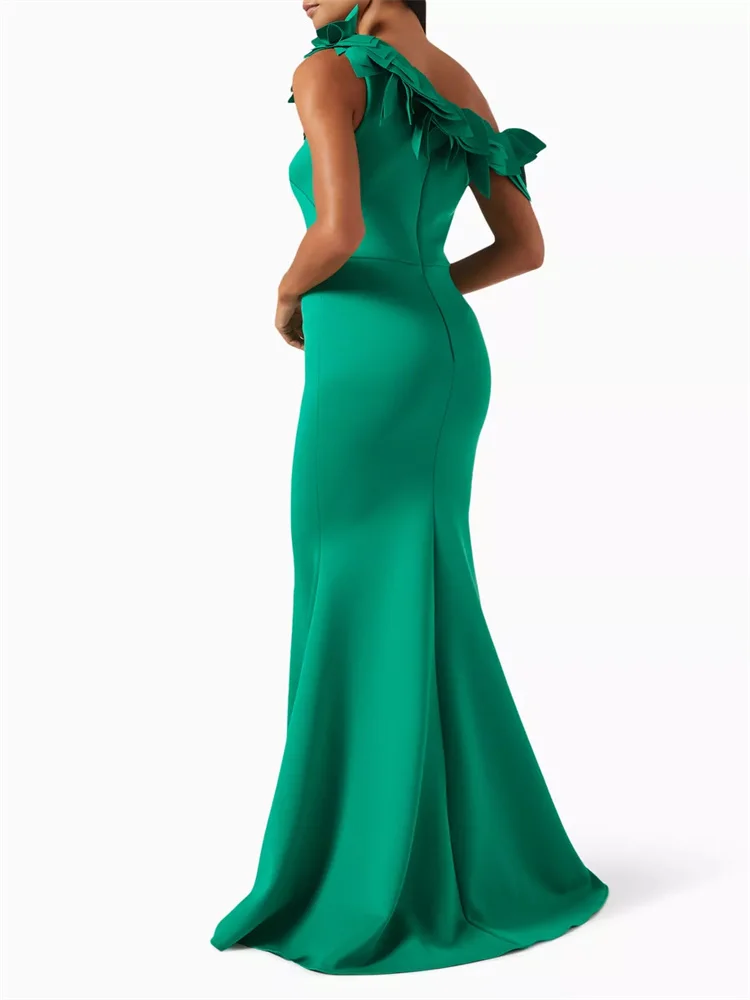 Hot Selling One Shoulder Neckline With 3D Flower Straight Evening Dress Open Back Zipper Floor Length Sweep Train Gown For Women