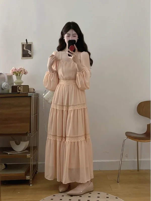 

plus Size Women's Dress Summer Thin Long Sleeve Waist Cinching Slimming Tea Break Sweet Knee-Length Square Collar Long Dress