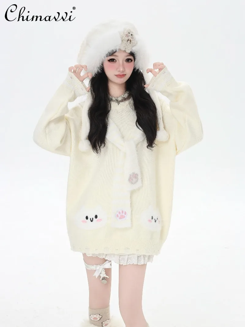 

Japanese Sweet Girl Fake Two-Piece Scarf Atmosphere Loose Casual Soft Sweater Autumn Winter Cute Women's Elegant Pullover Top