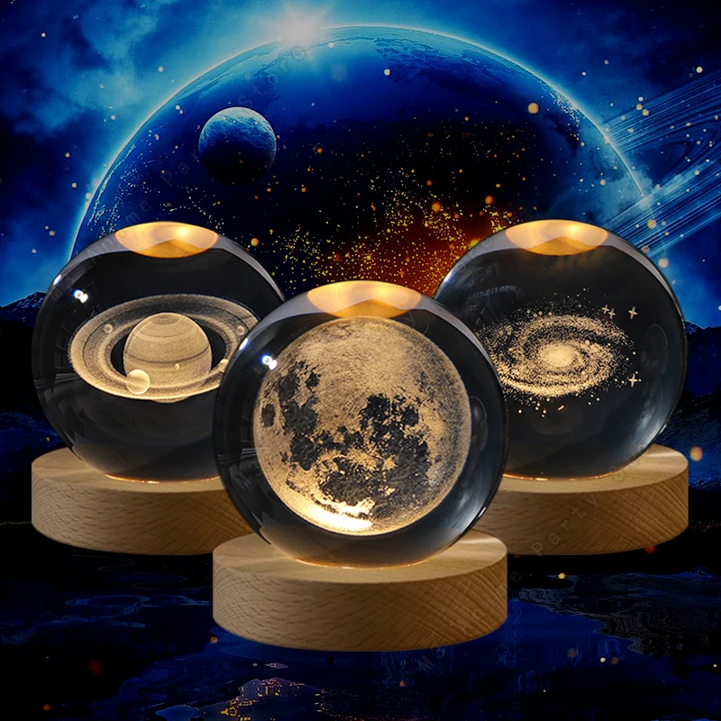 Único 3d bola de cristal luz da noite lâmpada led mesa cabeceira galáxia lâmpada brilhante saturno planetas lua crianças brinquedo 5cm presente aniversário