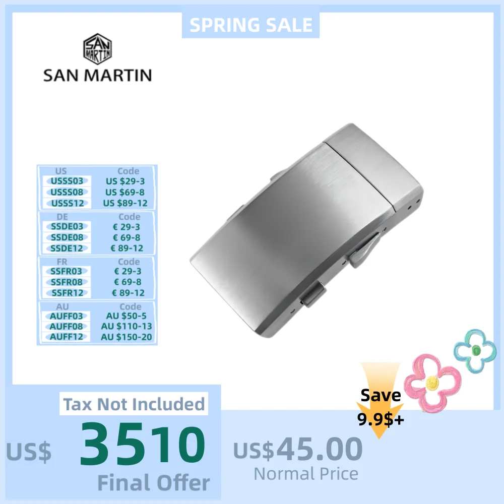 

San Martin 18mm 20mm Watch Strap Driver Buckle Ratcheting Micro-Adjust Fold-Over Bracelet Fly Clasp Brushed Solid Steel