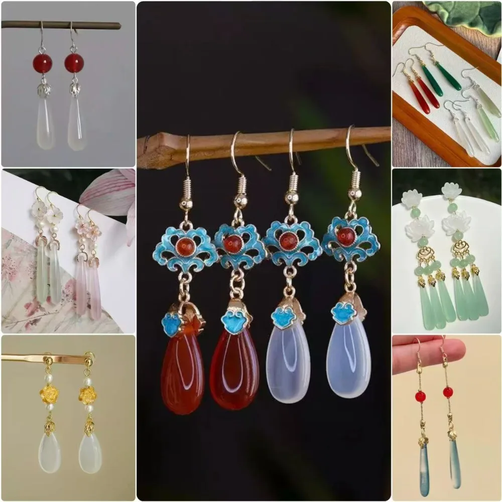 

Ethnic Droplet Shaped Jade Pendant Earrings for Women Ancient Chinese Court Style Inlay Enamel Charm Jewelry Retro Ear Clip Gift