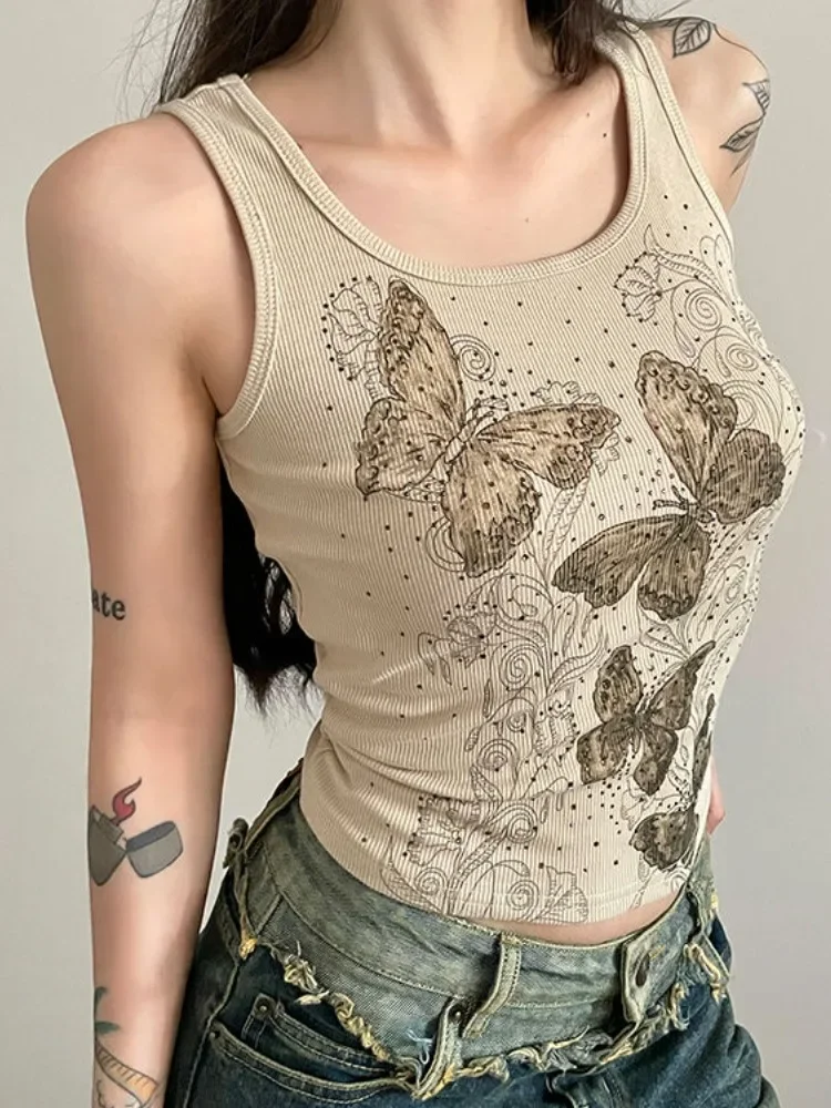 

Летняя милая винтажная майка с принтом бабочки 2024, Y2k, эстетические сексуальные майки с лямкой на шее, женская уличная одежда цвета хаки, милые майки в стиле гранж