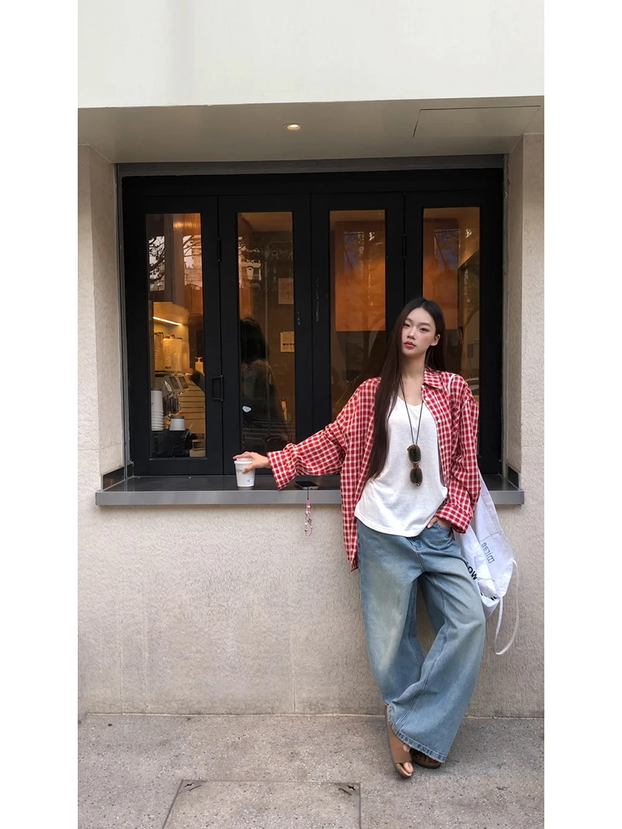 

Красная клетчатая женская одежда irt, новинка 2025, модная верхняя одежда, свободный длинный воротник-свеч, дышащая смесь хлопка из полиэстера