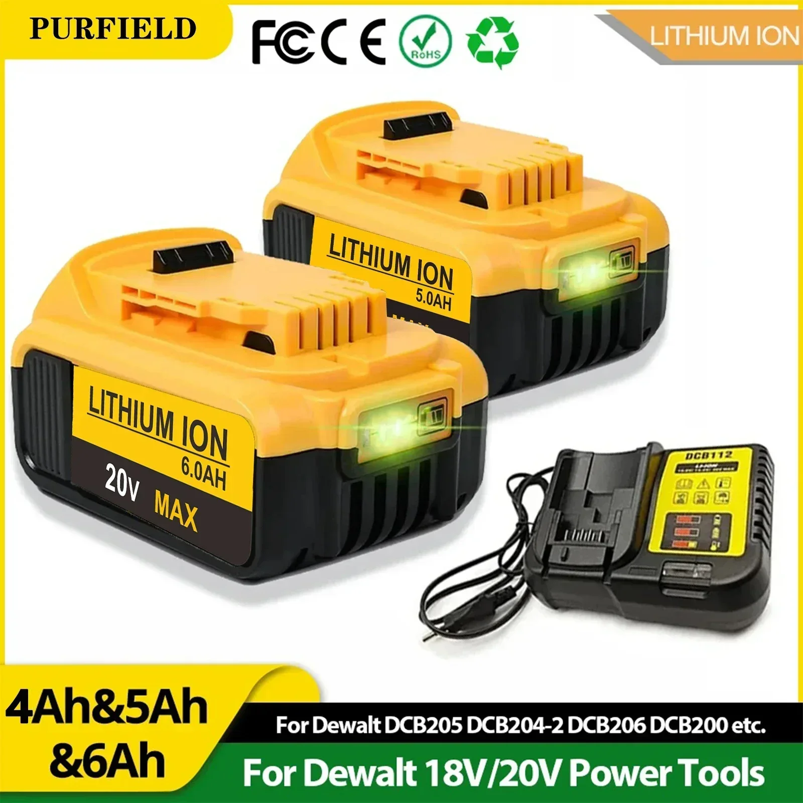 PURFIELD 5.0 6.0Ah for Dewalt 18V 20V power Tools rechargeable electric Accessories Lithium batteries Replace DCB200 DCB184