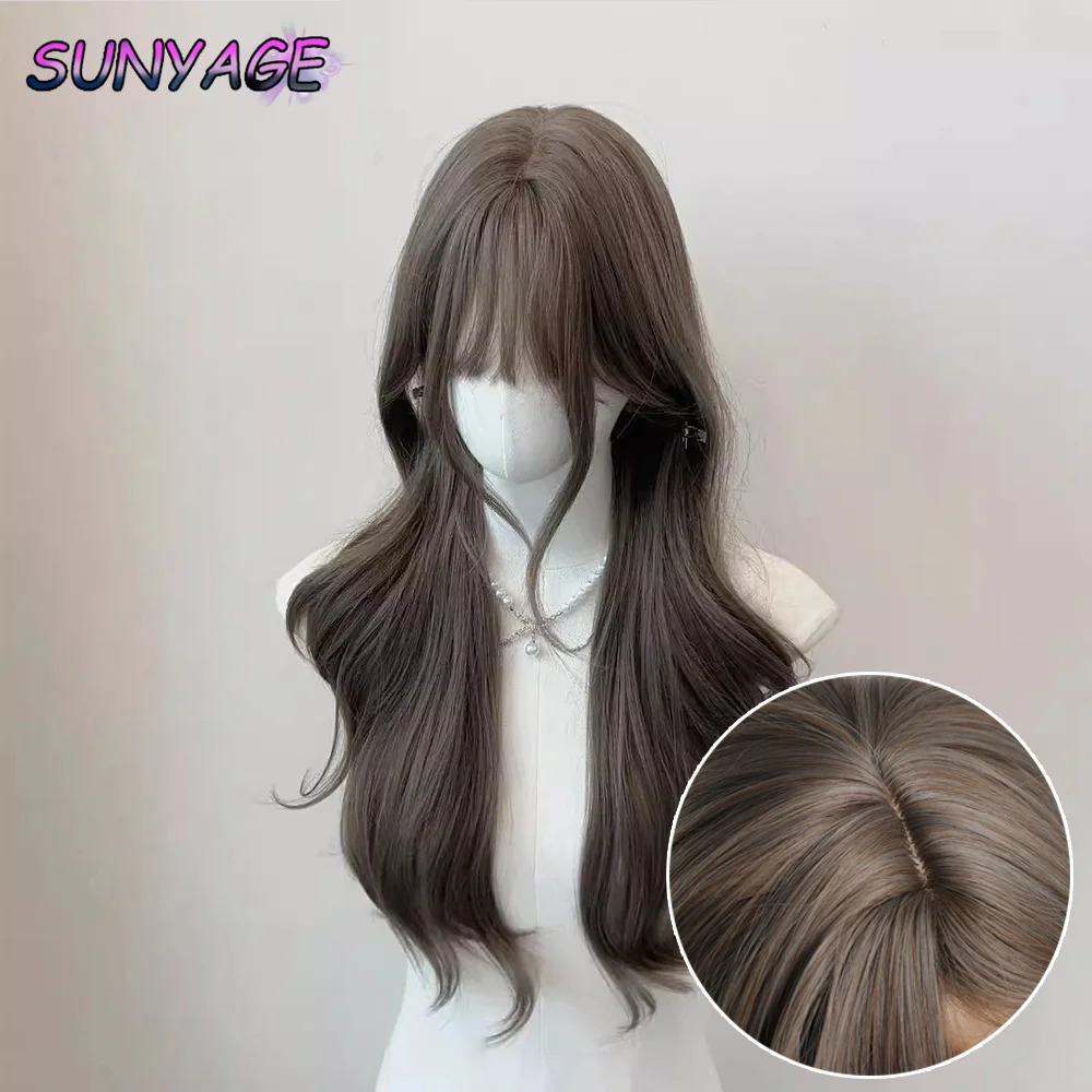 Sunyage perucas sintéticas longas, cinza, marrom, cabelo ondulado, com franja, uso diário, cabelos de fibra natural, roupa de festa para meninas e mulheres