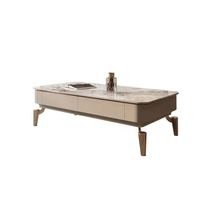 Modern Design Living Room Luxury Marble Coffee Table Gold Metal Led Rectangle Central Control Tables With 2 Drawers