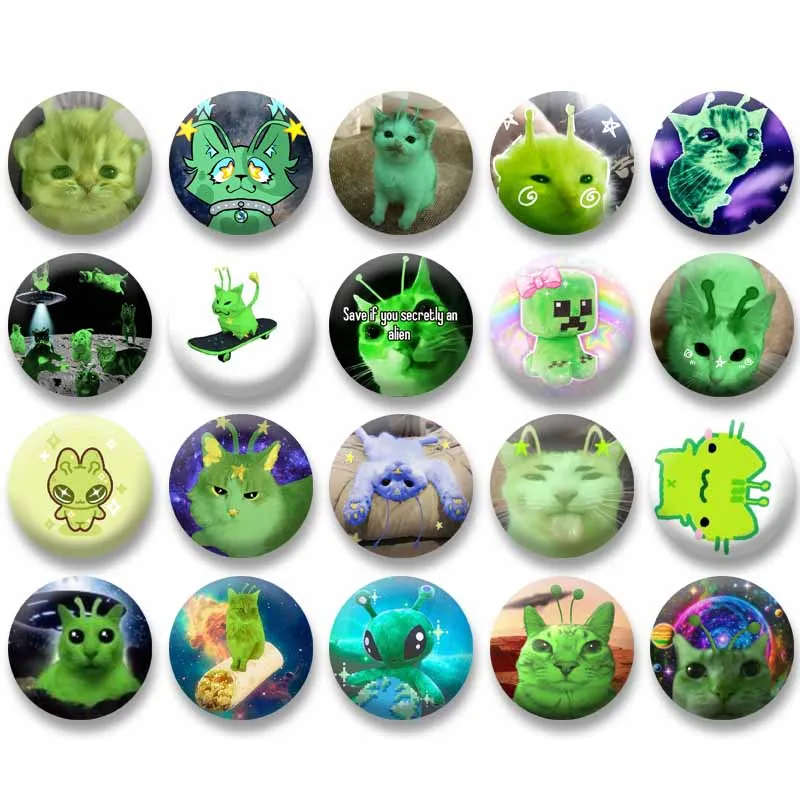 Niedliche grüne Alien-Katze, runde Abzeichen, kreative lustige Cartoon-Tier-Brosche, Rucksack, Anstecknadeln, Zubehör, Spielzeug, Geschenk für Kinder, Freunde