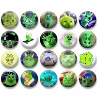 Cute Green Alien Cat Round Badges Creative Funny Cartoon Animal Brooch Backpack Lapel Pins Accessories Toys Gift for Kids Friend