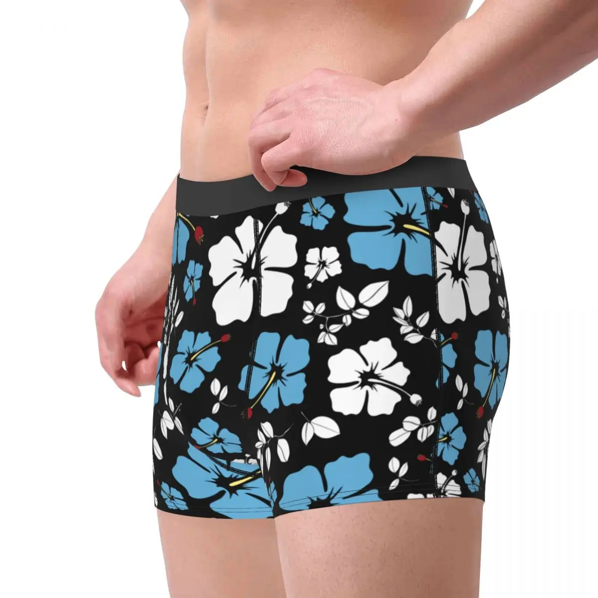 Man Blue And White Hibiscus Black Boxer Briefs Shorts Panties Polyester Underwear Male Funny S-XXL Underpants