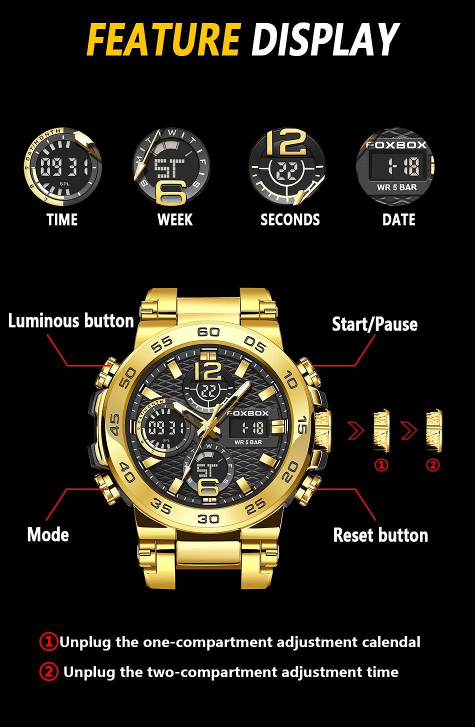 LIGE Neue Uhren für Herren, 50 m wasserdicht, Wecker, Reloj Hombre, LCD-Dual-Display-Armbanduhr, Quarz, Militär, Sport, Herrenuhr – Detail 12
